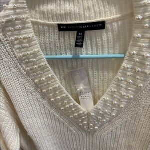 White House Black Market Ivory V-Neck Sweater with Pearl Details
